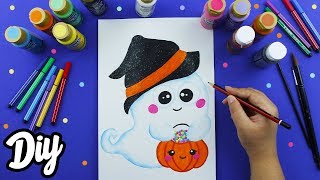 COMO DIBUJAR UN FANTASMA CON SOMBRERO Y DULCERO!! DIBUJOS KAWAII DE HALLOWEEN   Mery