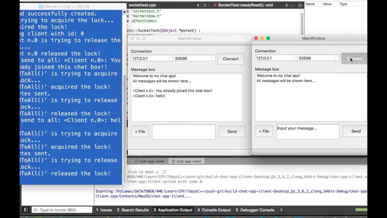 Demo app chat client - server using socket, multithread C++ - YouTube