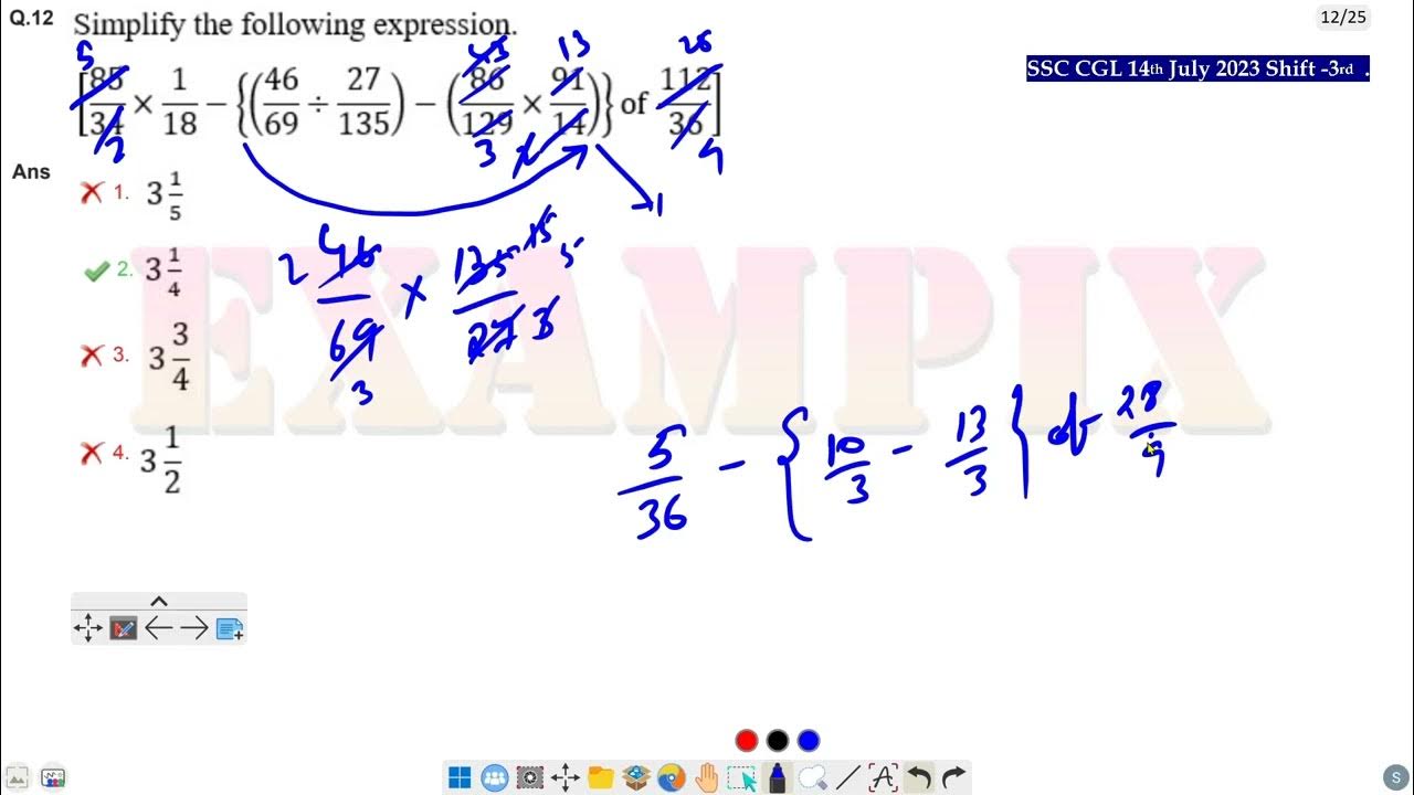 Simplify the following expression.[85/34×1/18-{(46/69÷27/135)-(86/129×