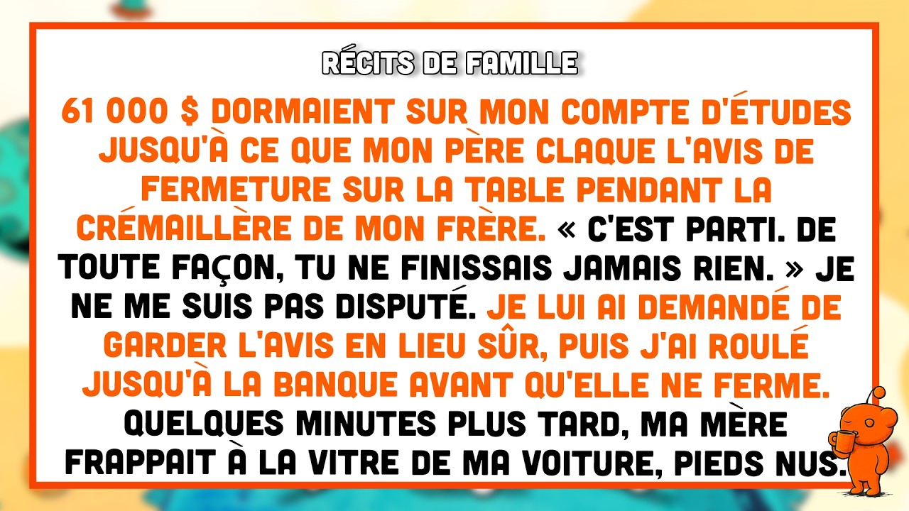 Le jour de la crémaillère de mon frère, mon père a claqué la fermeture de ma tirelire sur la table et a dit : « De toute façon, tu ne finissais jamais rien. » Je n'ai pas répondu. J'ai demandé à...