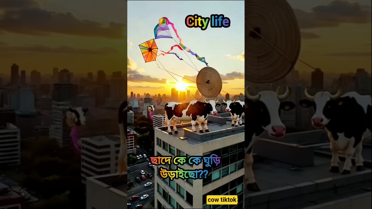 Cows Flying Kites on Rooftops! 🐄🪁 | Surreal City Sunset Scene"