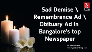 Book Obituary Ad/ Death Announcement/ Sad Demise Ad in Bangalore's Newspaper #condolences #obituary