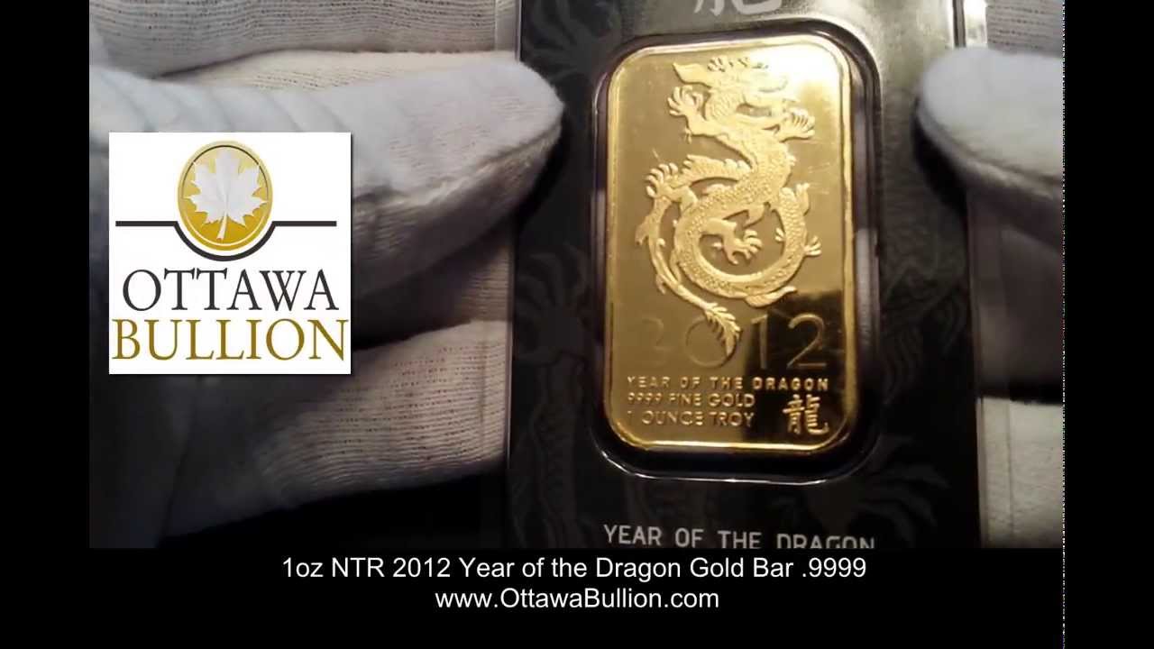 1oz NTR 2012 Year of the Dragon Gold Bar .9999 Gold