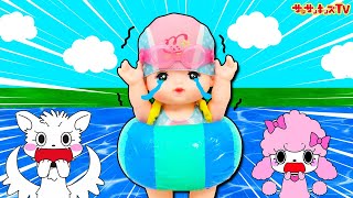 【水遊び】ツクモやプリルとプールでメルちゃんとお水嫌いを克服チャレンジ！水着や浮き輪で海水浴♪メルちゃん きせかえセット わくわくスイミング・子供向け知育教育★サンサンキッズTV★