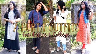 KURTA LOOKBOOK for COLLEGE &amp; WORK | 7 Everyday Indian Outfits for Office/College | Simple &amp; Wearable