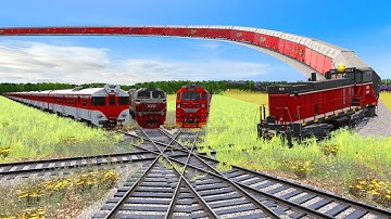 Four Colorful Trains Crazy Crossing on Branched Forked Railroad Cross x Track-Crossing Trains Track
