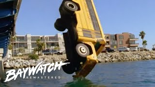 Baywatch Remastered - school bus crashes off a bridge