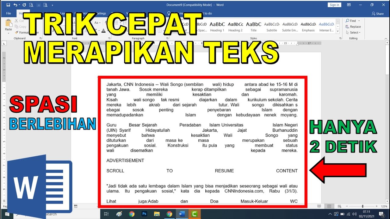 Cara Mudah Memperbaiki Spasi Kiri Kanan Yang Berjauhan di Microsoft