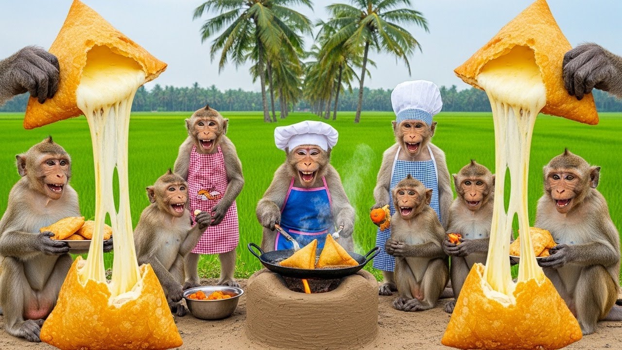 Monkeys Cooked Cheese Burst Samosa 😱🧀  Monkey Cooking Video