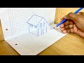 How to draw a 3d house  easy trick art on graph paper
