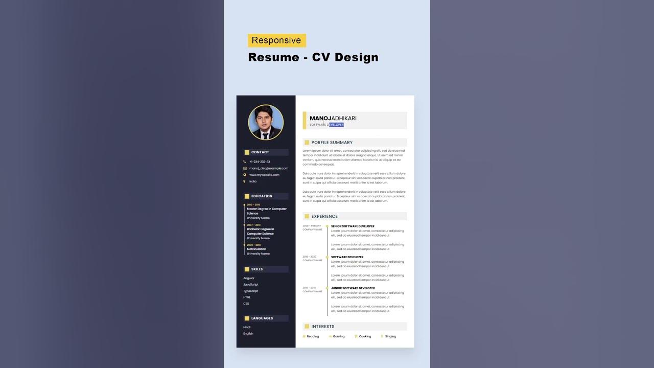 How to Create Responsive Resume Website using HTML and CSS | Resume CV ...