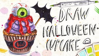 Drawing Halloween cupcakes with markers  | MARKER TUTORIAL (FREE COLORING PAGE)