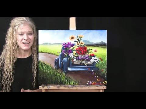 Learn How to Draw & Paint "SPRINGTIME FLOWER TRUCK" with Acrylic -Paint & Sip at Home-Fun Art Lesson