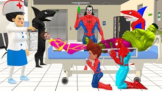 Spiderman rescues 5 superheroes in the hospital From joker vs Hulk vs Iron Man vs shark spiderman