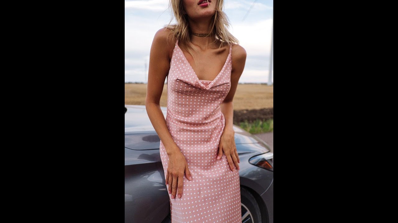 Pink Polka Dot Silk Slip Dress, Midi Silk Slip with Cowl Neck