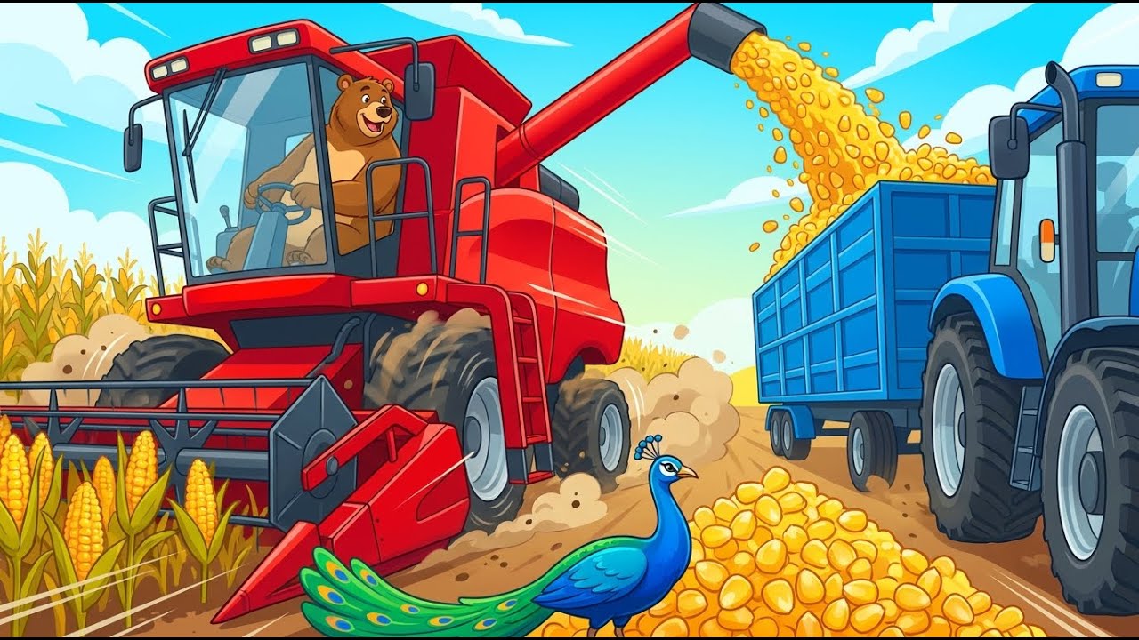 Harvesting Golden Corn with a Tractor and Peacock Feeding | Realistic ...