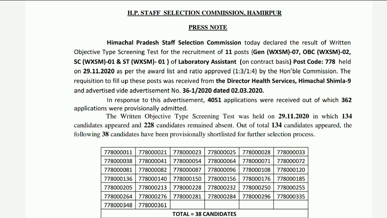 HPSSC HAMIRPUR Laboratory Assistant 778 Post Code Written Test Result AnswerKey