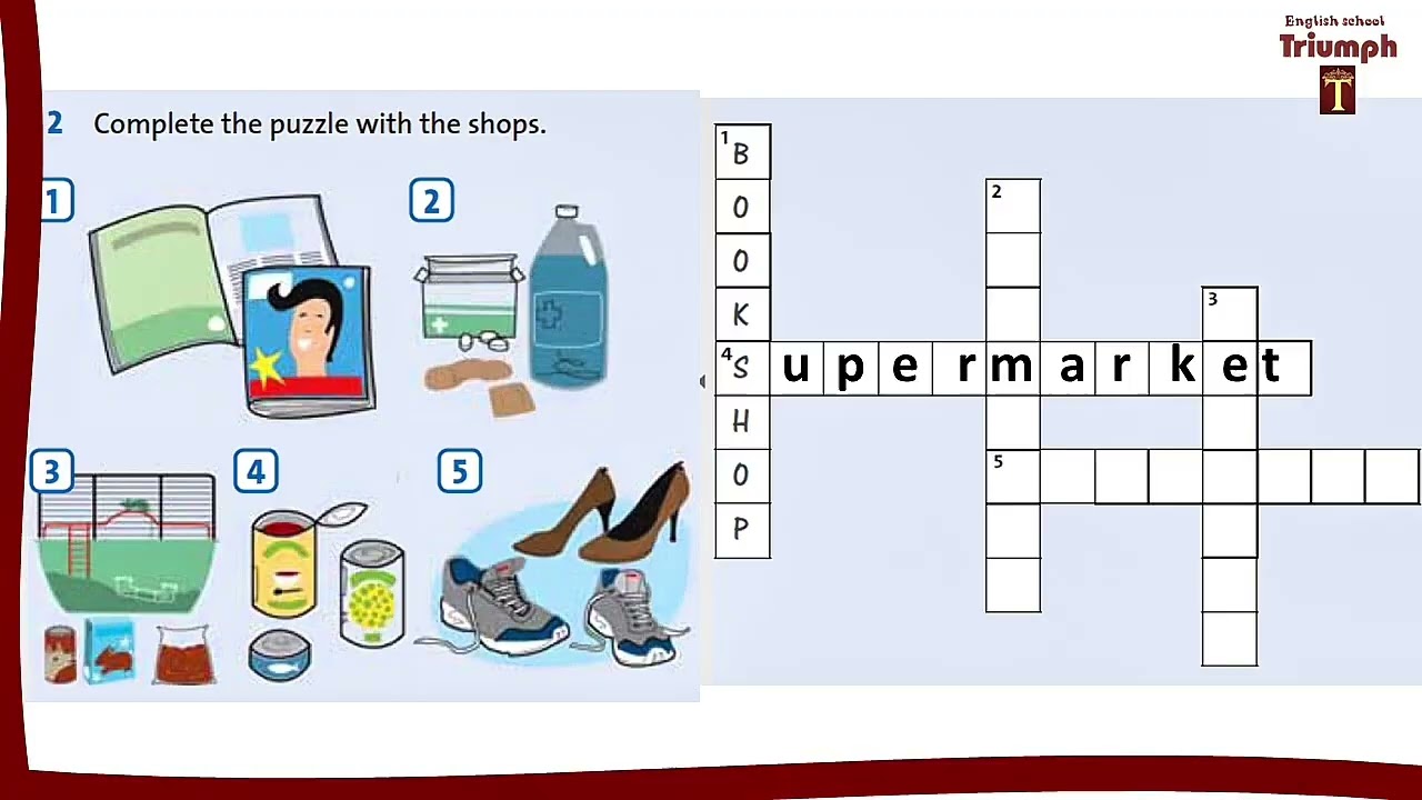 Vocabulary puzzles.people and places. Shops English plus 5