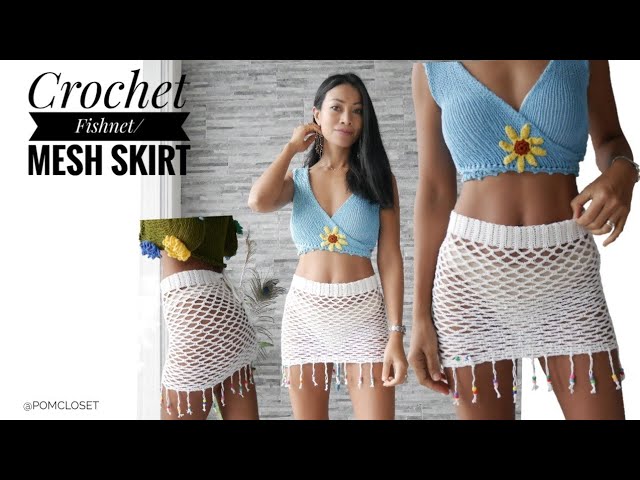 Ep24: How to Crochet fishnet skirt /mesh skirt with beads, bikini