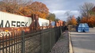 Massive BNSF 12,000 ft stack train pulling hard then creeping thru the neighborhood running a 3x2x1!