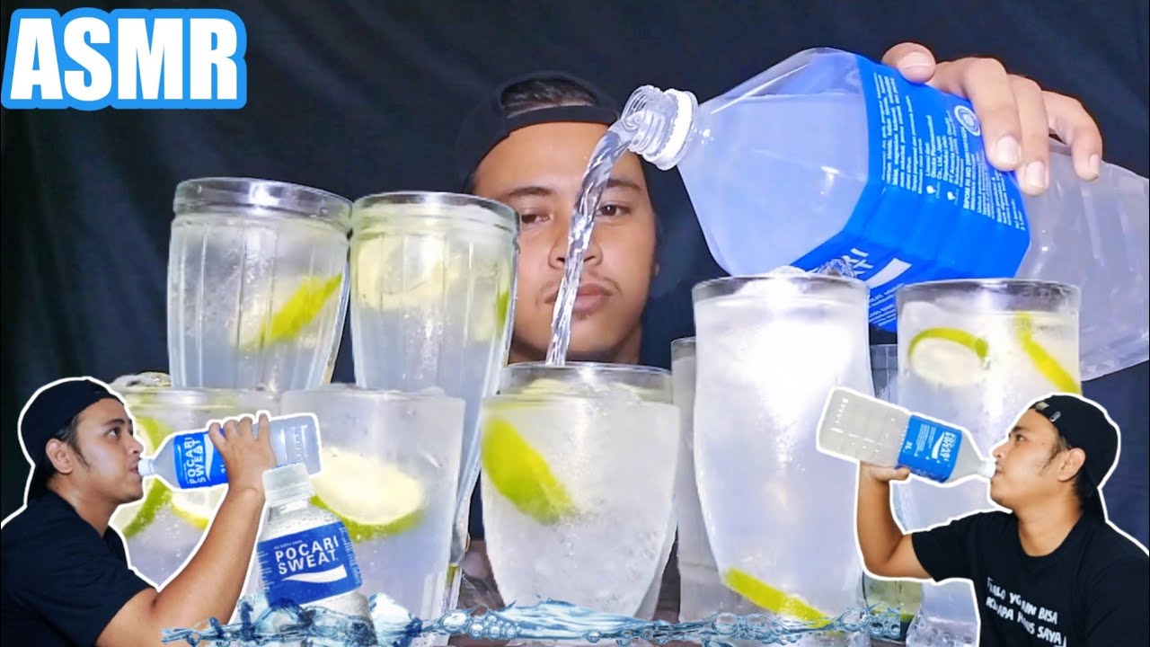 Mukbang minuman segar pocari sweat 2 liter pake es batu | asmr minuman segar dingin