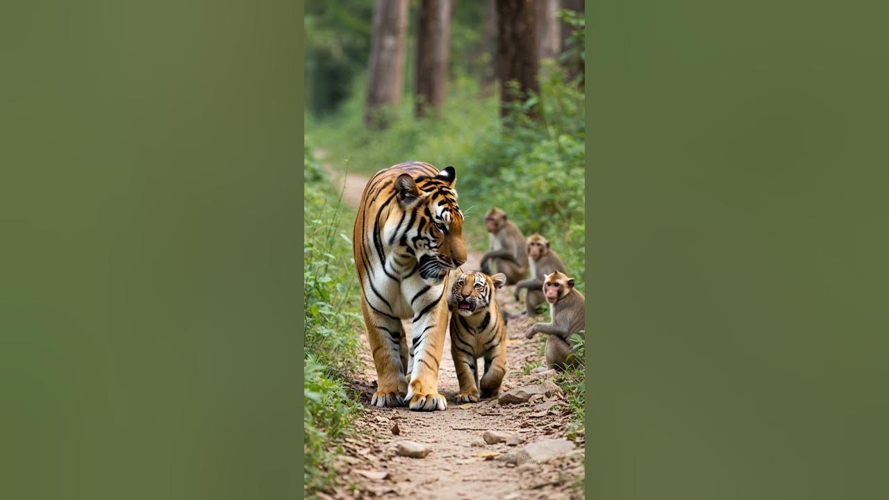 Angry Tiger Sound 🐅 Little Tiger Cub Lets Out Its First Roar and Monkeys Freeze in Shock! 😳 #tiger