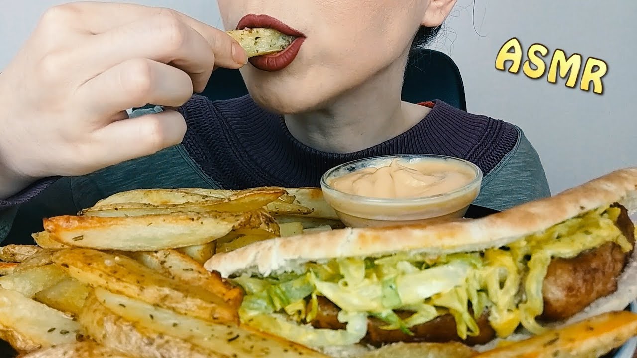 ASMR eating: Pork Belly Sandwich & Oven Baked Fries | Whispering