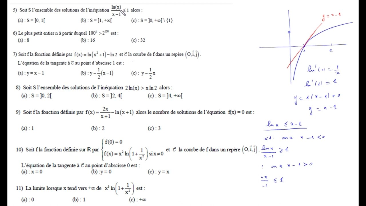 QCM : Logarithme népérien.