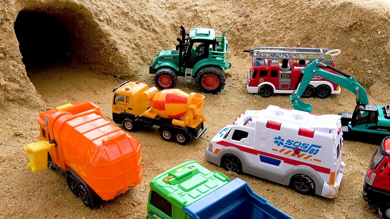 Download Tractor, Garbage Truck, Ambulance, Excavator, Fire Truck, Dump Trucks in the cave!