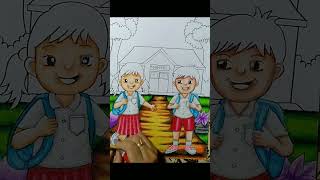 Coloring a 'Let's Go to School' (National Education Day) theme with 18-color Faber-Castell oil pa...