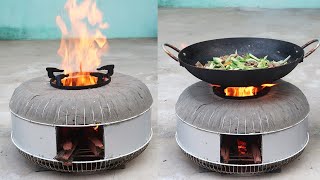 DIY wood stove from fan shield and cement