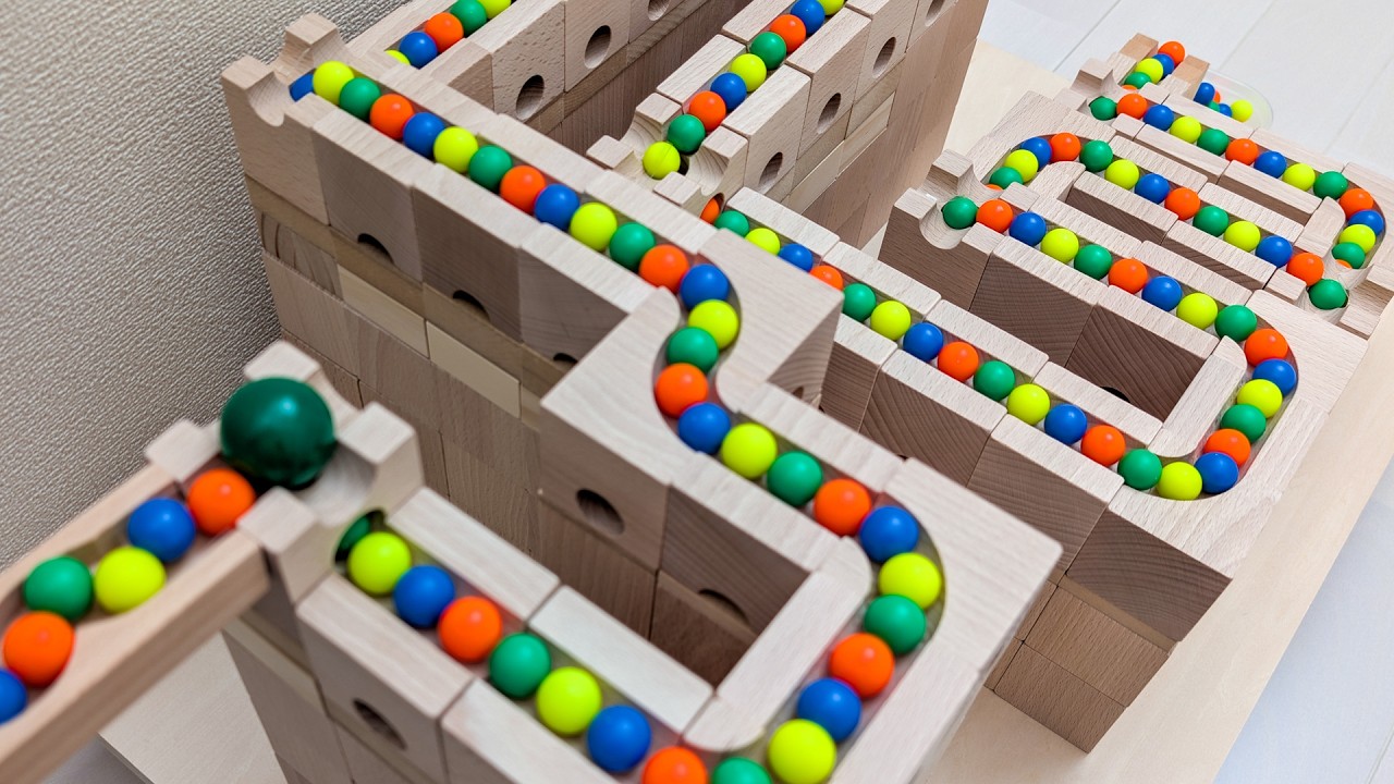 マーブルランレース☆キュボロとグリーン＋ミニ換気扇でミキシング＋屈折式踏切＋中央線快速