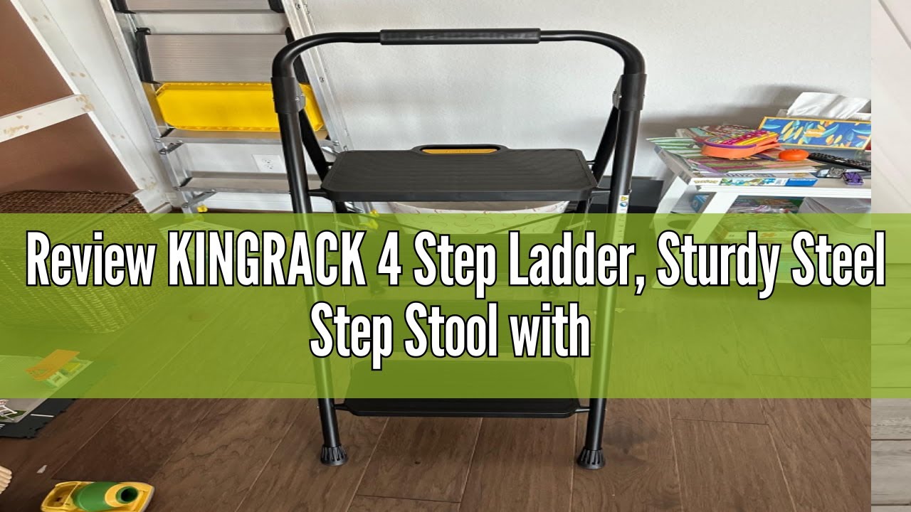 Review KINGRACK 4 Step Ladder, Sturdy Steel Step Stool with Anti-Slip Wide Pedals, Handrail, Safe-Lo