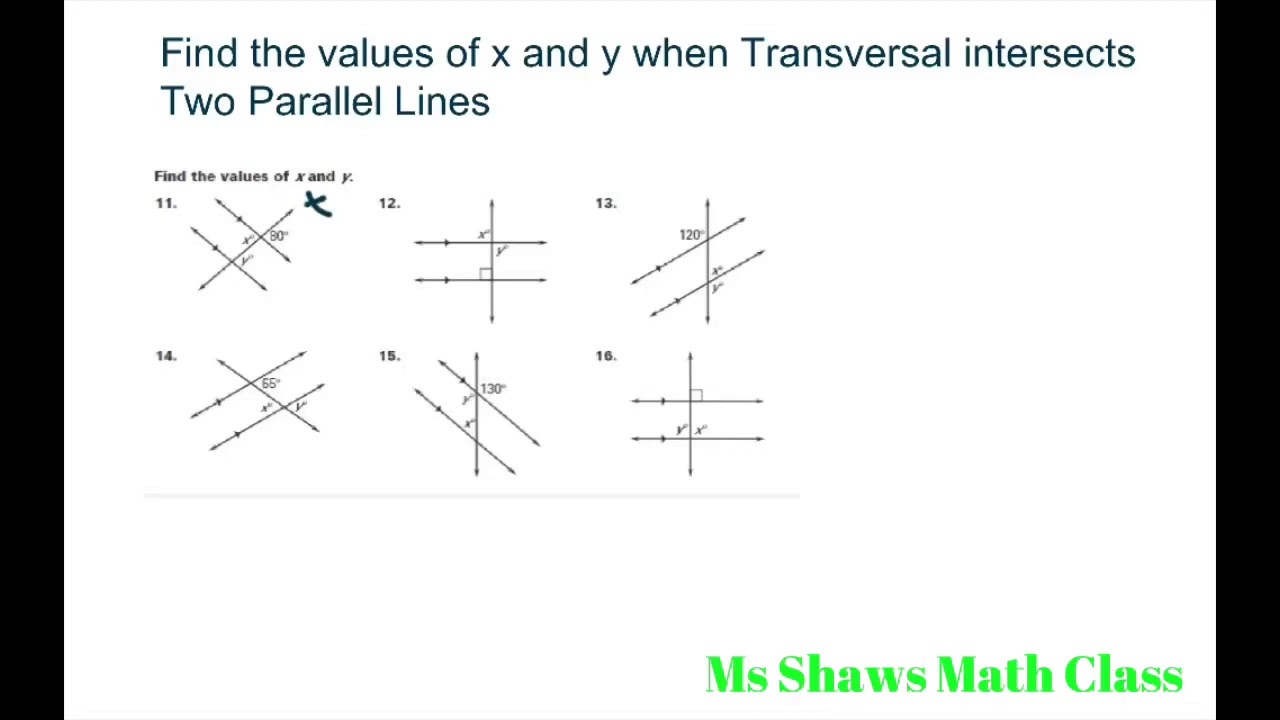 Find the values of x and y when Transversal intersects two parallel