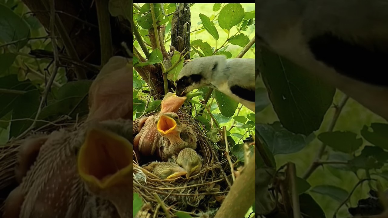 Mom bird feeding green big spider for hungry chicks (p1) 