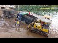 ឡានដឹកដី៥តោនជាប់ផុង Dump truck 5 ton struck in deep mud & recovery by Komatsu Bulldozer