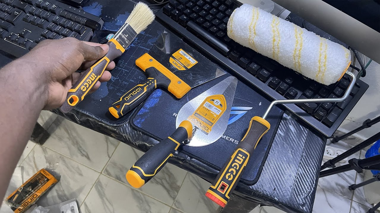 Цилиндрическая щетка INGCO, скребок DINGOI, нож для кирпичной кладки и другие полезные инструменты.