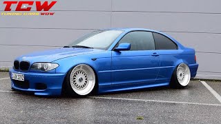 Blue Bmw e46 Bagged on White BBS RS Rims Camber Project