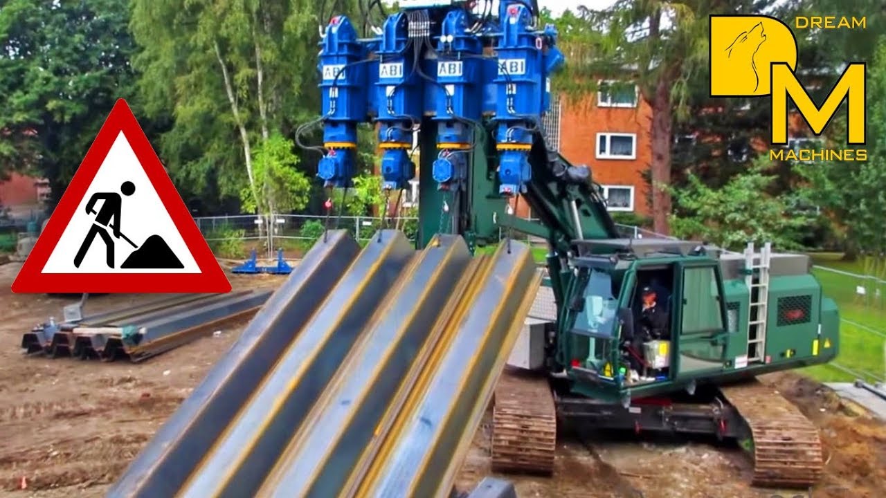 Pile driver pressing massive steel sheet piles into the ground Sennebogen ABI TM18