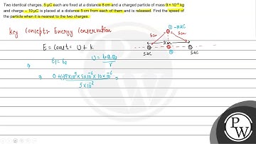 Two identical charges, \( 5 \mu \mathrm{C} \) each are fixed at a d...