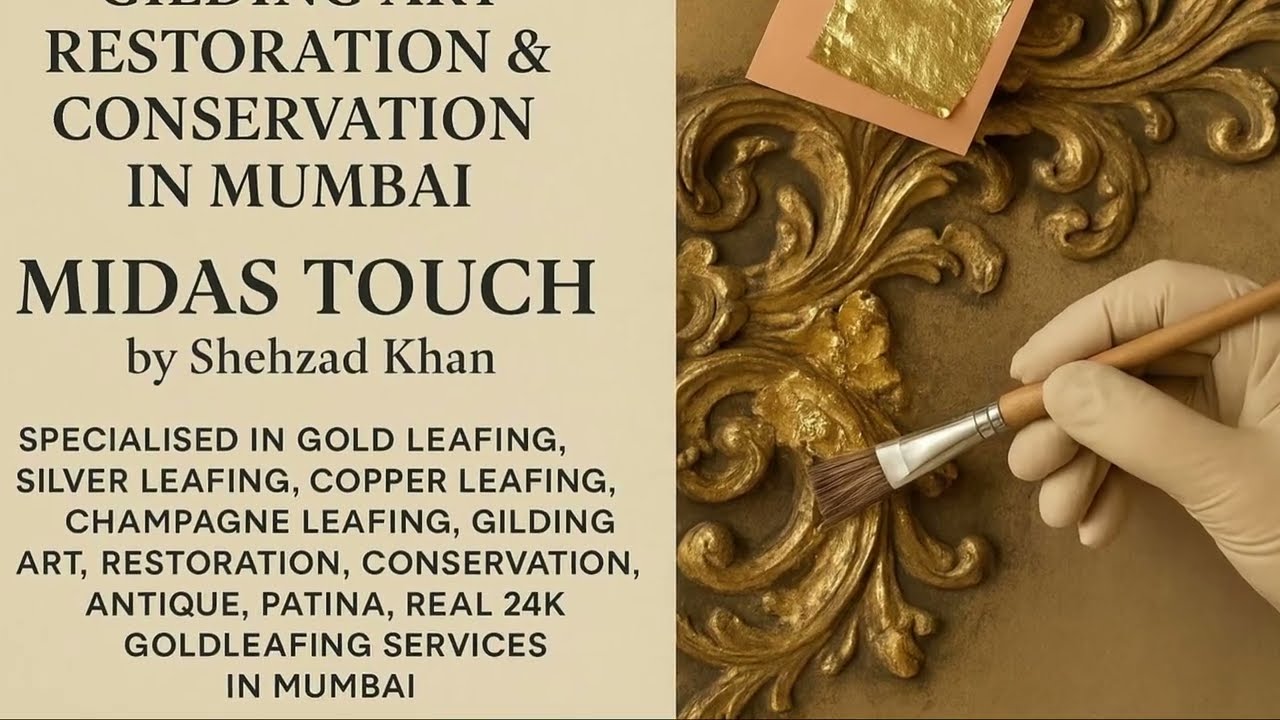 Luxury 24K real gold leafing gilding artwork by MIDAS TOUCH by Shehzad Khan in Mumbai, India, showcasing handcrafted gold leaf application for luxury hotels, residences, resorts, ornate interiors, decorative columns, mirrors, ceilings, and premium antique patina finishes.