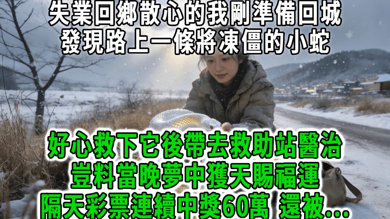 失業回鄉散心的我剛準備回城，發現路上一條將凍僵的小蛇，好心救下它後帶去救助站醫治，豈料當晚夢中獲天賜福運，隔天彩票連續中獎60萬，還被千億首富認親繼承家業我傻了！#荷上清風 #爽文