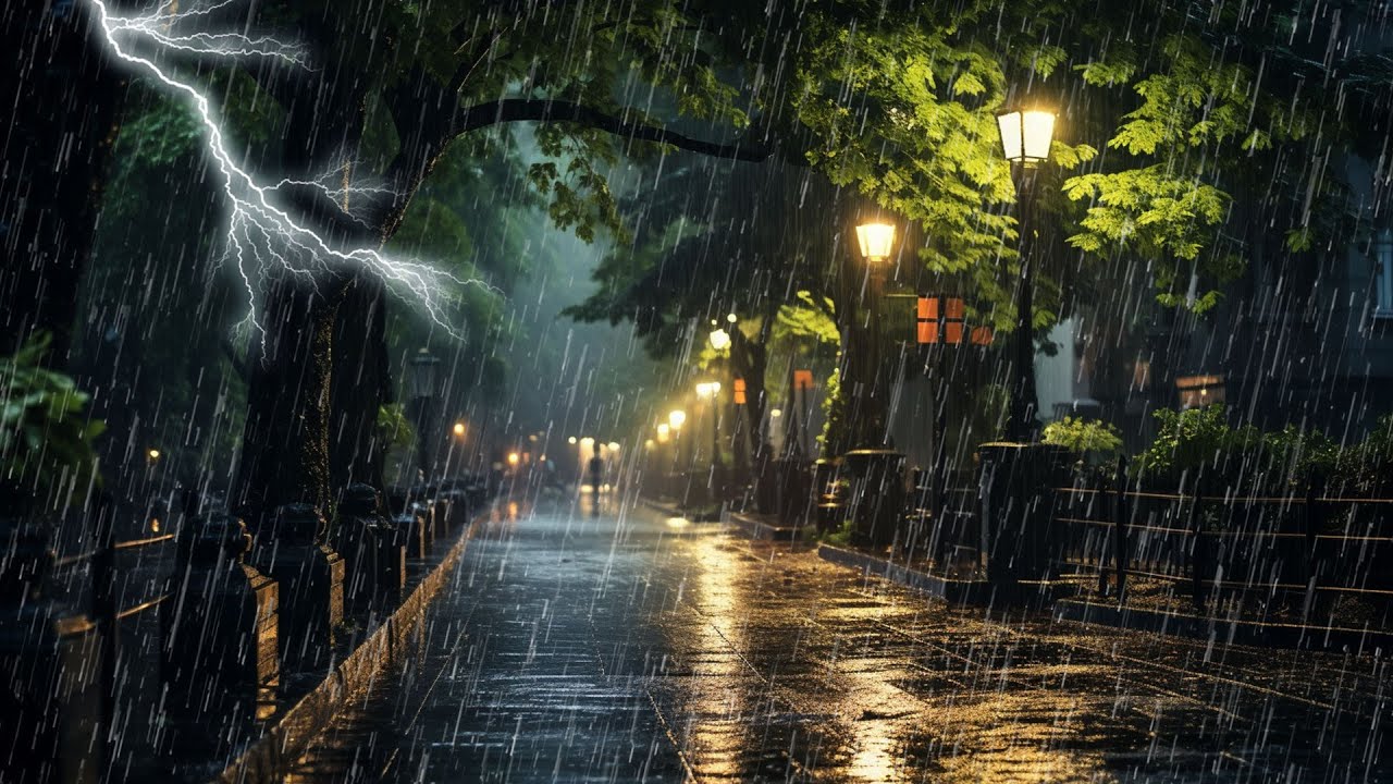Sonido de lluvia y truenos en tranquila carretera por la noche para ...