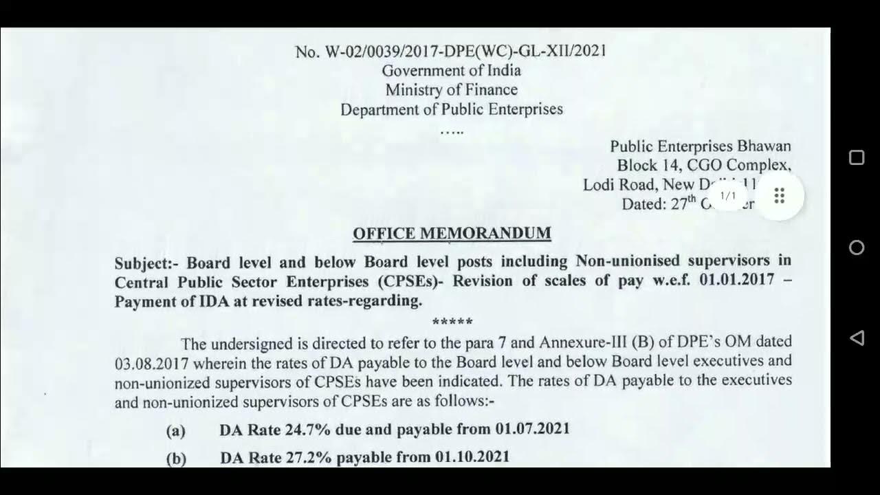 DA of IDA PayScale wef 01.10.2021 IDA DA Oct 2021 Dearness