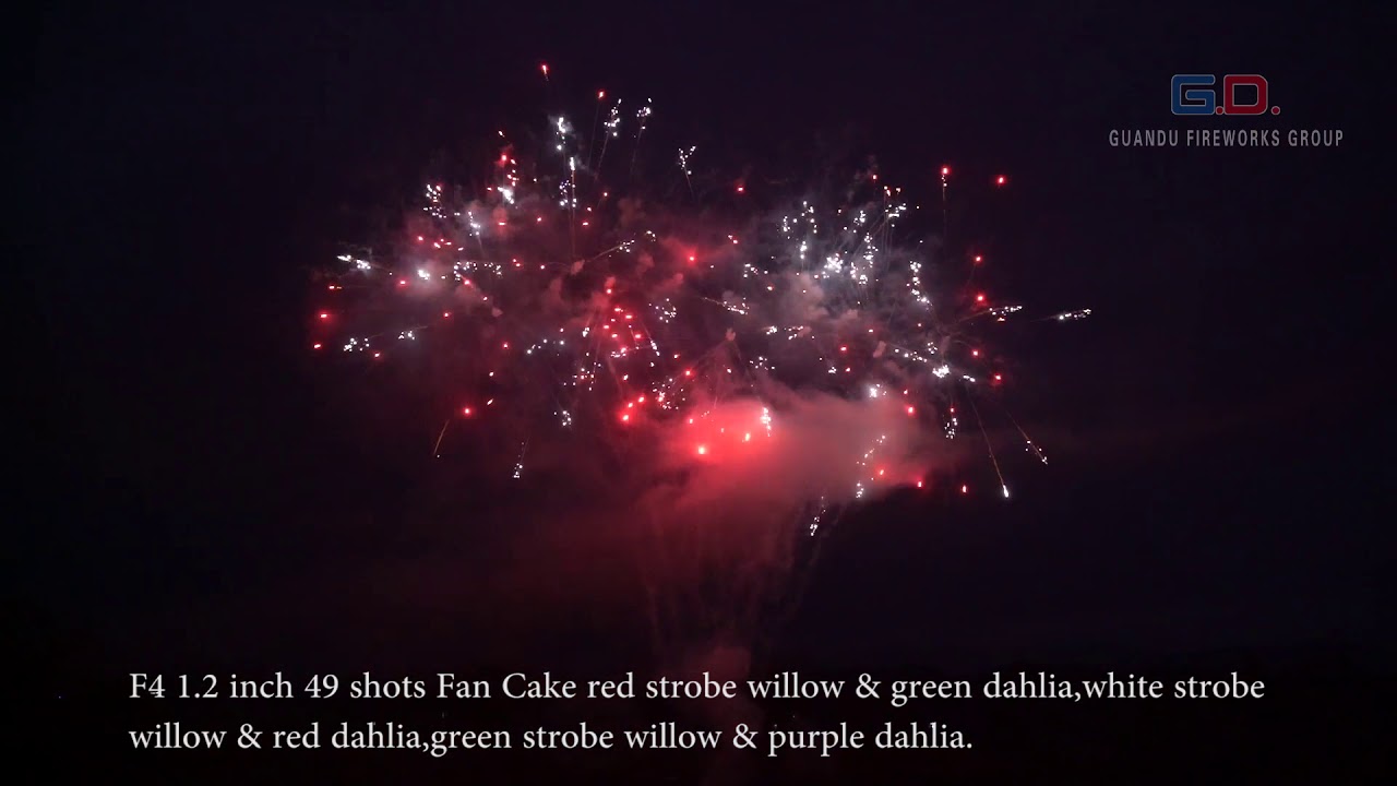 1 2 inch 49 shots Fan Cake red strobe willow & green dahlia,white