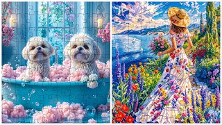 Cute white Puppies and Beautiful Girl in Flowers Jigsaw Puzzle Universe App #dogs #vibrant #pets screenshot 5