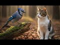 Birds and Squirrels Eating Bird Seed in the Grass for Cats to Watch