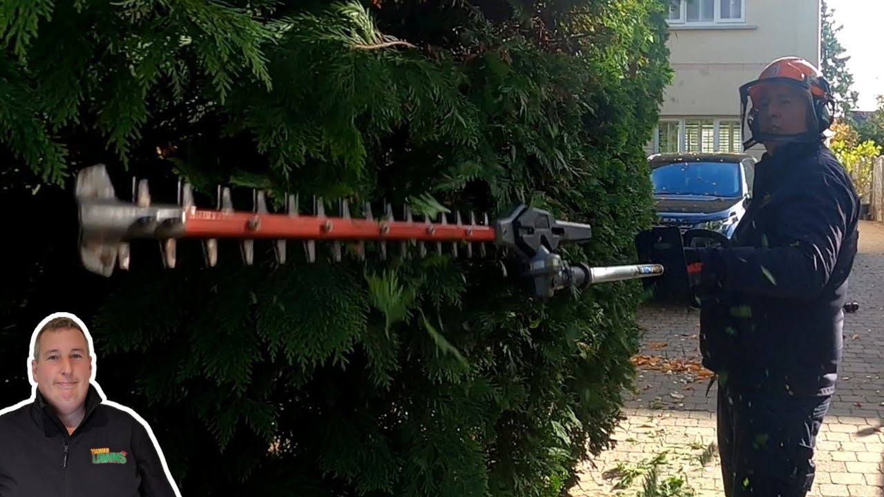 Small garden maintenance job | Hedge trimming and long wet grass - YouTube
