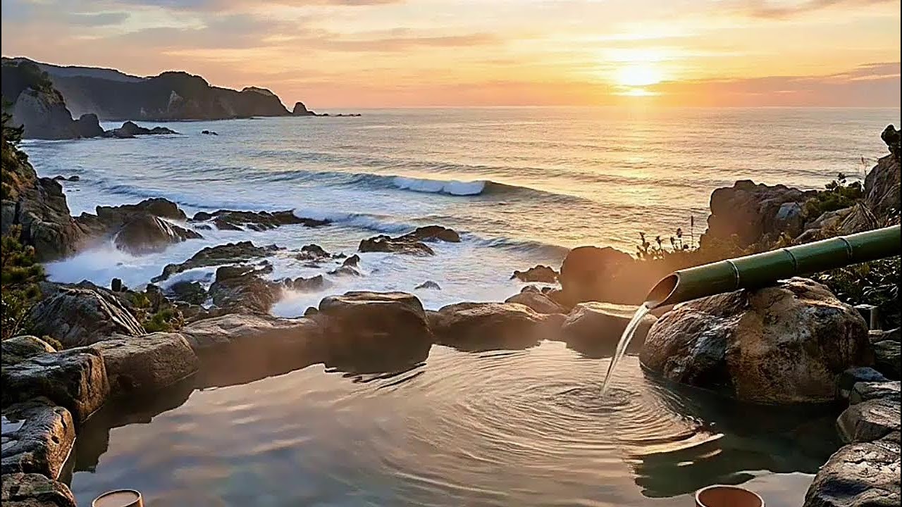 🌅 Peaceful Ocean Sunset Hot Spring | Ultimate Relaxation Nature Sounds & Calm Meditation Music