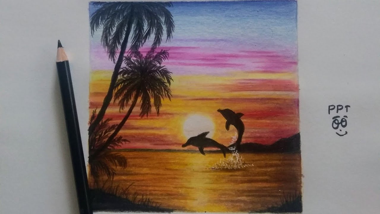 How To Draw Sunset Scenery Of Beach With Colored Pencils|| Step By Step  Drawing - Youtube